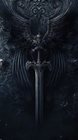 Midnight seraph spreads iron wings around a sleeping blade