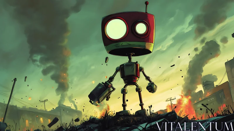 Tiny red warbot strolls through smoky neon apocalypse calmly.