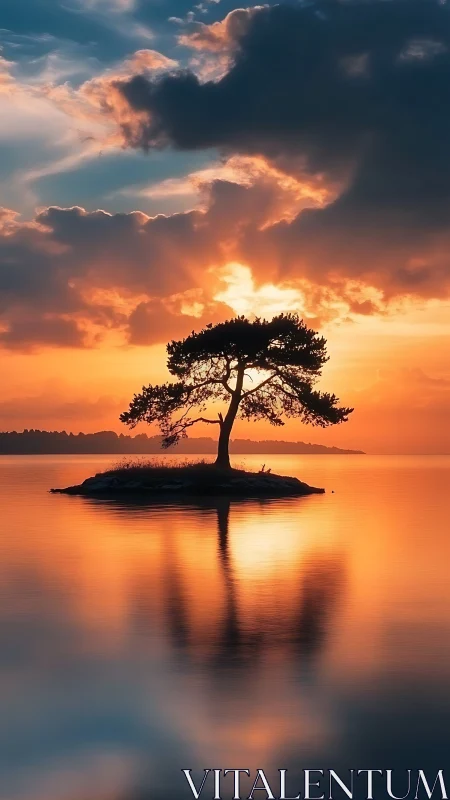 Solitary island tree soaking in molten sunset silence.