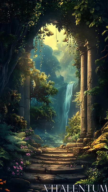 Secret waterfall sanctuary framed by ancient emerald arches.