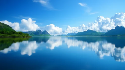 Mountain lake with cloud reflections under clear blue sky.