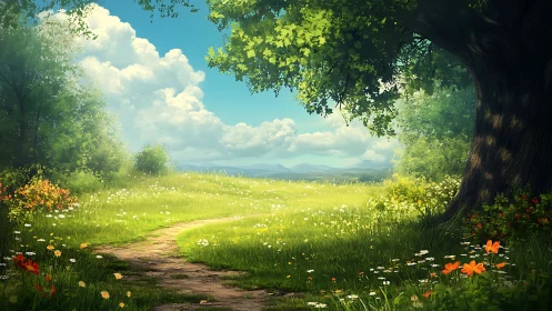 Sunlit grassy meadow path under large tree canopy.