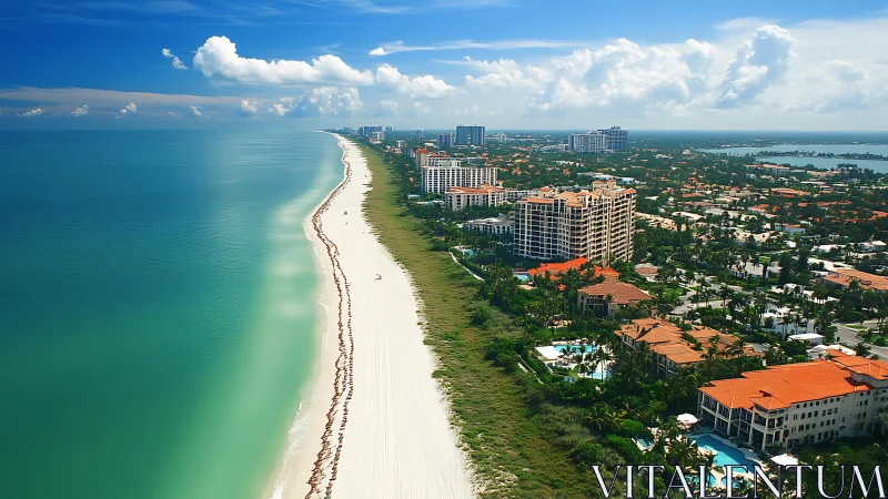 Aerial view of Gulf Coast beachfront with turquoise water and high-rise resort development.