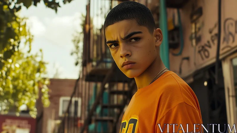Defiant urban teen in orange shirt on gritty backstreet.