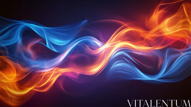 Flowing waves merge blue and orange in dark space.