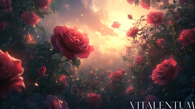 Red Roses Blooming in Golden Ethereal Light.