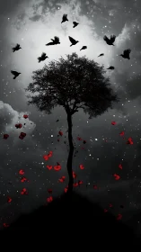 Silhouetted tree with birds and red petals in night sky.