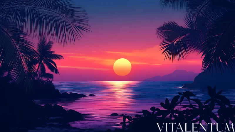 Digital painting tropical sunset with silhouetted palms and surf.
