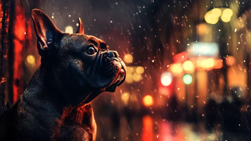 French bulldog watches neon city rain with reflective gaze.