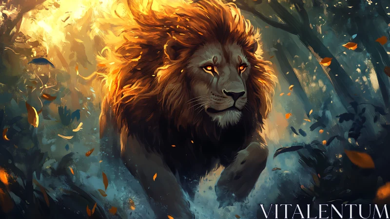 Fiery eyed lion charges through a dreamlit enchanted forest
