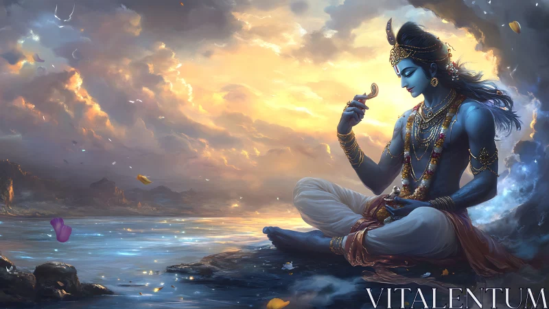 Divine blue figure in meditative pose beside luminous river