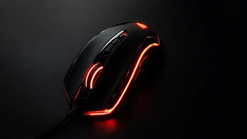 Wired gaming mouse shows red LED accents on dark surface