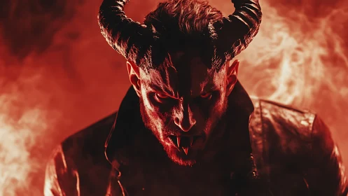 Horned humanoid figure in red backlit smoke faces camera