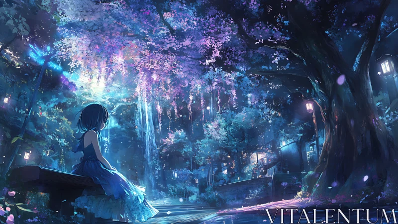 Girl on bench under illuminated cherry trees at night.