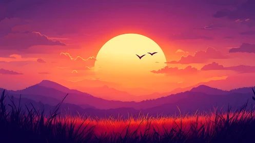 Sunset ignites violet hills while quiet silhouettes drift home