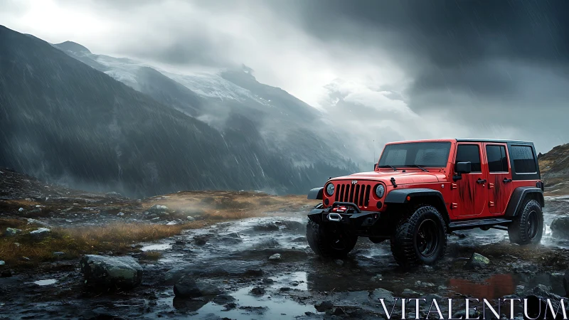 Bold red off-road SUV waits in a wild stormy mountain pass