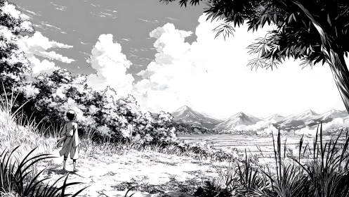 Quiet child gazes toward distant mountains under gentle skies