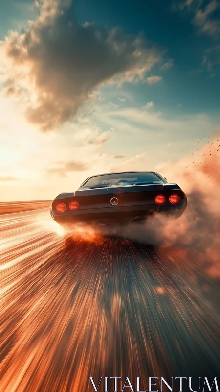 Sunset muscle car rockets through streaks of burning light.