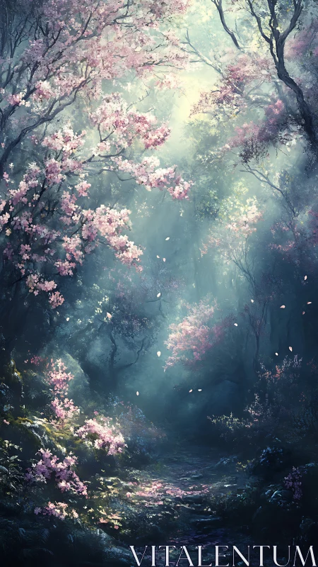 Radiant volumetric light in misted cherry blossom forest path.