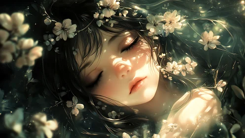 Sleeping female face with flowers immersed in soft water