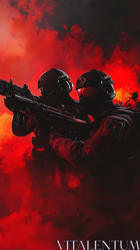Tactical operators in red inferno with high-contrast lighting.
