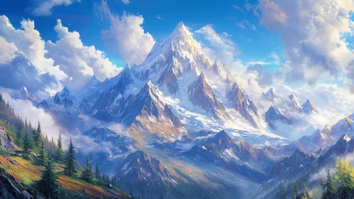 Digital painting of alpine peak with luminous atmospheric depth.