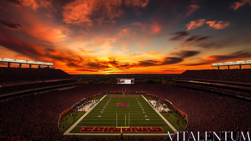 Sunset over packed American football stadium panorama.