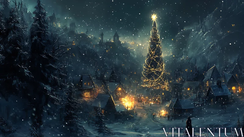 Snowy village square centers on towering lit Christmas tree