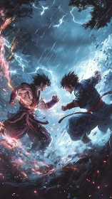 Two anime warriors clash in a storm of lightning and fire.