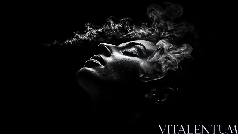 Low-key portrait with ascending vapor and sculpted chiaroscuro.