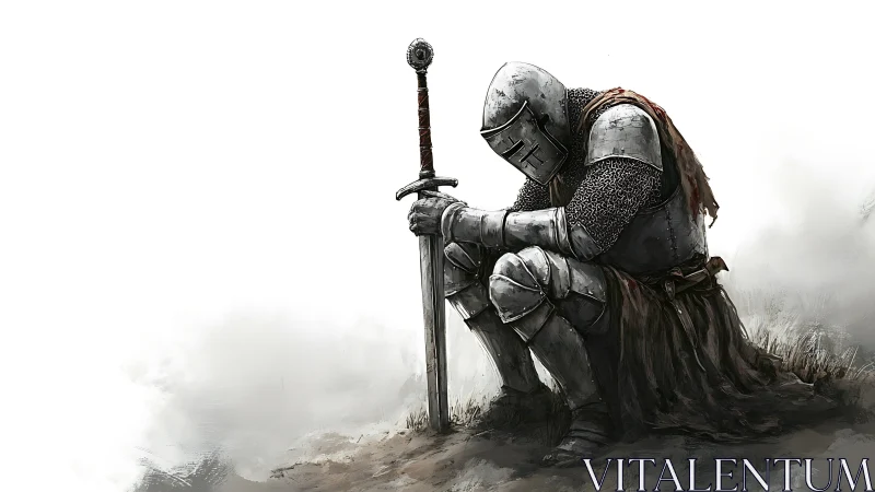 Weary armored knight rests in quiet reflection with sword grounded