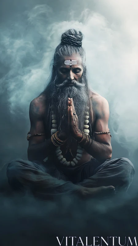 Mystic yogi in deep meditation surrounded by swirling fog.