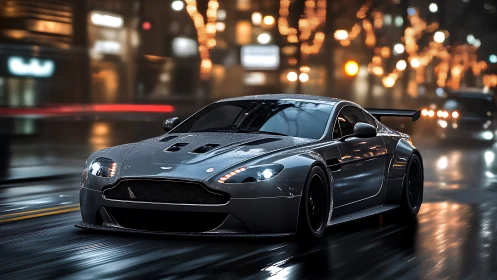 Sleek silver sports car on wet city street at night.