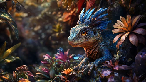 Bioluminescent forest lizard rests in lush, mystical bloom