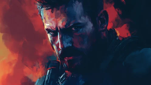 Brooding warrior ignites against blazing shadowed twilight.