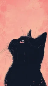 Black cat silhouette with pink eye gazing upward against coral background