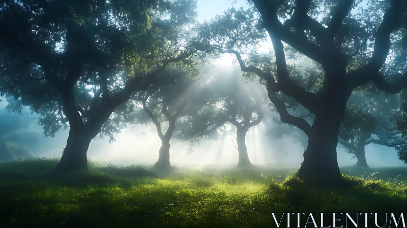 Sunbeams penetrate misty oak grove, sculpting atmospheric depth