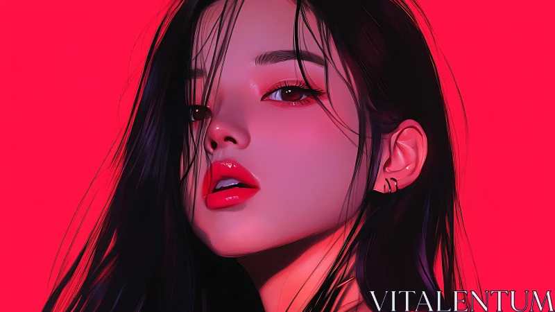 Neon-lit digital portrait with glossy lips and red backdrop.