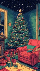 Cozy Christmas tree glows warmly above a sea of gifts
