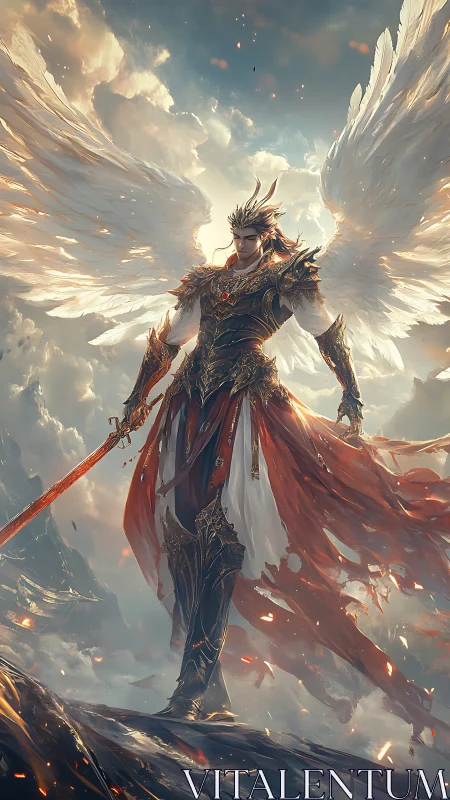 Armored seraph warrior dominates stormlit celestial battlefield