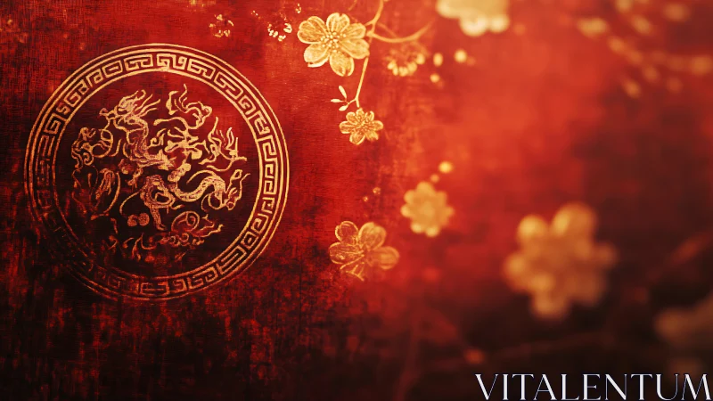 Ember dragons and golden blossoms on velvet dusk red.