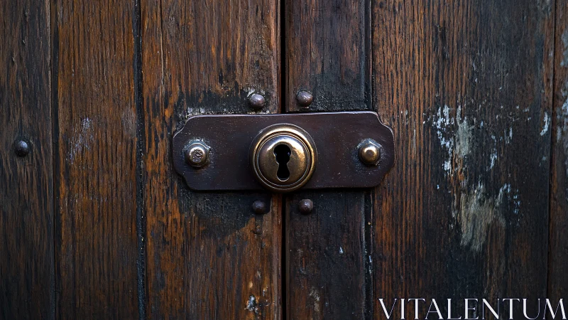 Old wooden door displays central brass keyhole plate
