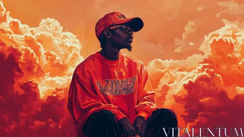 Skyline dreamer leans into blazing clouds of molten orange