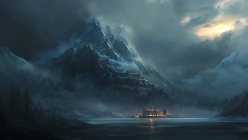 Burning mountain fortress dominates frozen misty valley