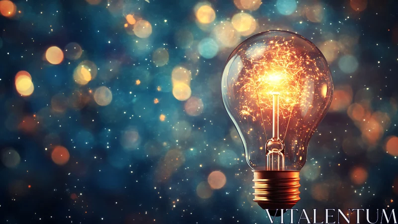 Photorealistic illuminated lightbulb with bokeh field backdrop.