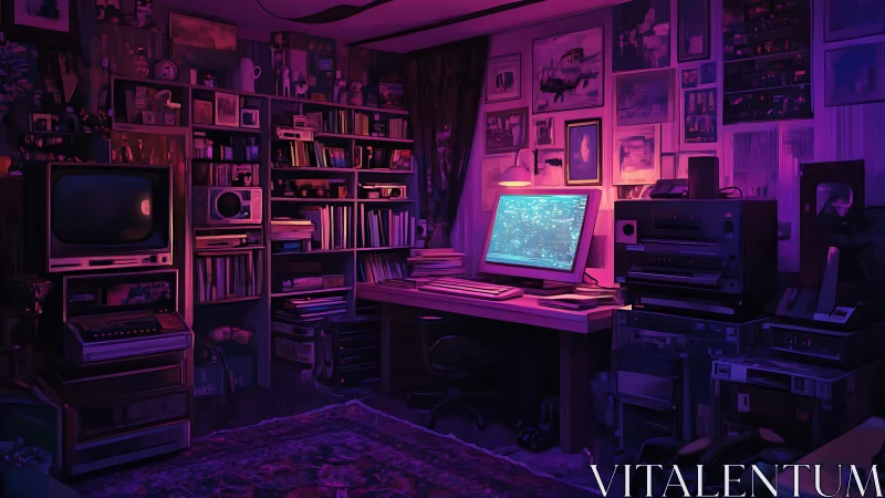 Retro computational workstation in neon-lit analog archive.