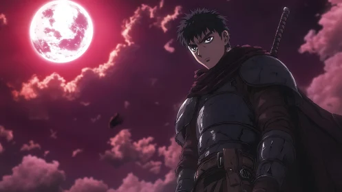 Anime warrior under crimson moon with dramatic chiaroscuro framing.