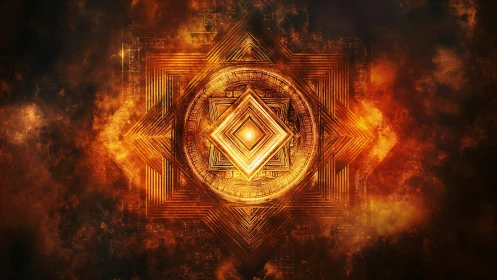 Geometric fiery mandala with layered golden squares.