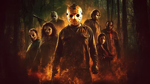 Masked slasher figures in burning forest horror ensemble poster