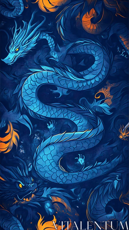 Blue serpentine dragons on dark background with orange accents.